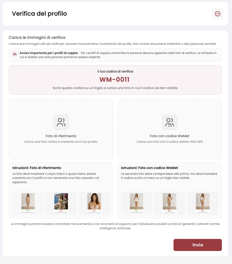 Procedura per richiedere la verifica del profilo su WeMet.club